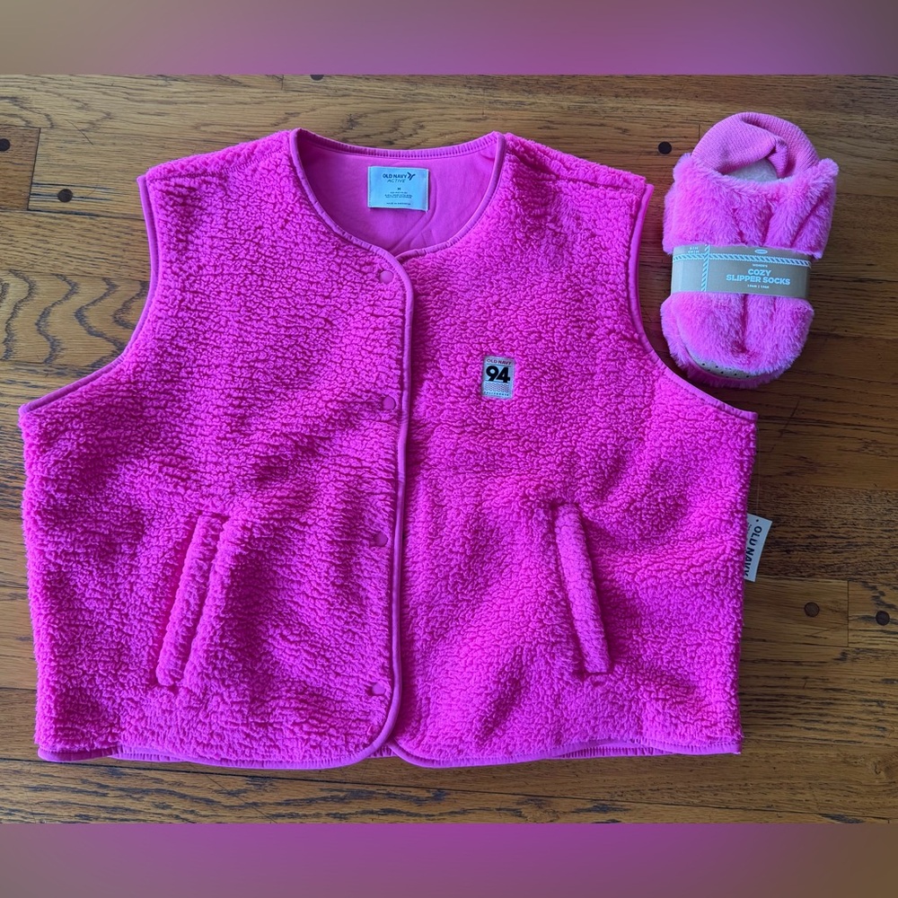 Old Navy Hot Pink Sherpa Vest, Medium with matching Slippers